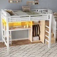 HAUSS SPOLE Hoogslaper 140x200cm - Met Bureau En Kledingkast En Opbergtrap Met Ledverlichting - Zonder Matras - Metaal En MDF - Wit