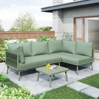 Laura Loungeset Tuin 4-Persoons L-Vorm 120x120x72 cm met Tafel en Dikke Kussens – Groen Weerbestendig IJzeren Frame & Gehard Glas – Inclusief 2 Sofa’s –