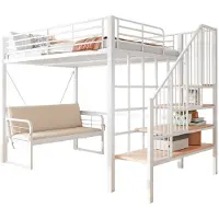 Merax Hoogslaper 140x200 met Trap en Opbergruimte - Metalen Bed met Zitbank - Wit