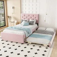 HAUSS SPOLE Gestoffeerd Bed 90x200cm - Uitschuifbaar met Uittrekbed - Met Lattenbodem (20 latten) - Knop Hoofdeinde - Fluweel - Roze - Zonder matras