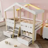HAUSS SPOLE Halfhoog Bed 90x200cm - Hoogslaper In Huisvorm Met Ledverlichting En 2 Laden - Met Opbergrekken - Zonder Matras - Grenen - Wit Naturel