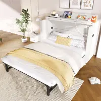 HAUSS SPOLE Schrankbed 140x200 Cm - Met Lade En Usb En Type C Aansluitingen - Met Lade En Omvormbaar Planchet - Zonder Matras - Linnen - Beige