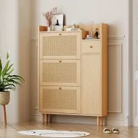 HAUSS SPOLE Schoenenkast - Rieten Klapmodel Met 3 Deuren En 1 Lade - Compact Voor Smalle Hal En Gang - MDF En Massief Hout - 90x125x17 cm - Naturel