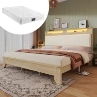 HAUSS SPOLE Gestoffeerd bed 140x200cm – Tweepersoonsbed met opberghoofdeinde en LED – Onderbedopslag voor opbergdozen – Hout en Corduroy – Beige – Met matras