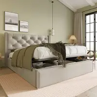 HAUSS SPOLE Gestoffeerd Bed 140x200 cm - Gepolsterd Hoofdeinde Met Diepe Steeknaden - Hydraulische Opbergruimte Onder Lattenbodem - Katoen & Massief Hout - Lichtgrijs - Zonder matras