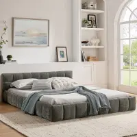 HAUSS SPOLE Gestoffeerd Bed 160x200 cm - Chenille Bekleed Tweepersoonsbed met Steppatroon - Eucalyptus Hout & IJzeren Onderstel - Zonder matras - Donkergrijs