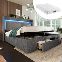 HAUSS SPOLE Gestoffeerd Bed 140x200cm - Met LED Verlichting En USB En USB C Aansluiting - Hydraulische Opbergruimte Met Lade - Met Matras - Linnen - Grijs