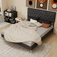 HAUSS SPOLE Gestoffeerd Bed 160x200cm - Hoog Hoofdbord Met Nieten En Lattenbodem - Ruimte Onder Bed - Zonder Matras - Stof Metaal - Grijs