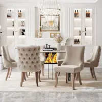 HAUSS SPOLE Eetkamerstoelen Set Van 6 - Fluwelen Gestoffeerde Stoelen Met Knopen En Siernagels - Massief Houten Poten - Beige