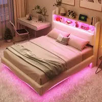 HAUSS SPOLE Gestoffeerd Bed 140x200 cm - Hangend Gebogen Frame - LED Kleurwissel & USB/Type-C - Met Hoofdeinde Opbergruimte - Stof/Metaal - Beige - Zonder matras