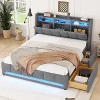 HAUSS SPOLE Gestoffeerd Bed 140x200cm - Hoofdeinde met Opbergruimte en USB - LED-sfeerverlichting APP-besturing - 2 Laden - Linnen/MDF - Grijs - Zonder matras
