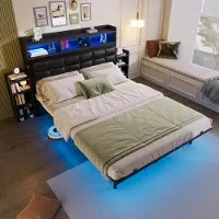 HAUSS SPOLE Gestoffeerd Bed 140x190cm - Met LED Verlichting En Oplaadstation - Met 2 Uitschuifbare Nachtkastjes En Opbergvakken - Met Lattenbodem - PU - Met matras: Zonder matras - Grijs