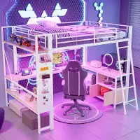 HAUSS SPOLE Hoogslaper 140x200cm - Met Bureau, Ledstrip En Usb Poorten - Met Opbergruimte, Planken En Pegboard - Zonder Matras - Metaal En Mdf - Wit