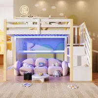 Merax Hoogslaper 90x200 cm - met LED-verlichting - opbergladder - open opbergvakken - zonder matras - wit en houtkleur