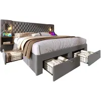 Merax Tweepersoonsbed 180x200 - Fluweel Gestoffeerd Kingsize Bed met Opbergruimte met 4 Lades - 2 Nachtkastjes - USB Oplaadfunctie - Houten Lattenbodem - Grijs