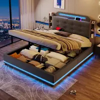 HAUSS SPOLE Gestoffeerd Bed 140x200cm - Tweepersoonsbed Met Hydraulische Opbergruimte En LED-Lichtlijst - USB & Type-C Snelladen - Linnen - Grijs - Zonder Matras