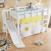HAUSS SPOLE Etagebed 90x200cm - Etagebed Met Glijbaan En Trap - Met Bedgordijn En Veiligheidshek - Ruimtebesparend Ontwerp - MDF En Grenen - Wit - Zonder matras