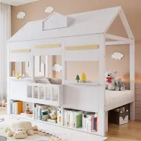 HAUSS SPOLE Hoogslaper 90x200 cm - Kinderbed Met Boekenrek en Huisvormig Design - Zonder Matras - Hout en MDF - Wit