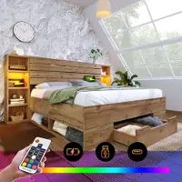 HAUSS SPOLE Tweepersoonsbedden 160x200 cm - Massief Houten Opbergruimte Met LED Verlichting En USB C Oplaadfunctie - Bed Met Lades En Stauraum Hoofdbord - Metaal - Eiken