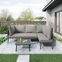 Laura Loungeset Tuin 4-Persoons L-Vorm 120x120x72 cm – IJzeren Tuinmeubelset met Tafel, Verstelbare Poten, Dikke Zit- en Rugkussens, Gehard Glazen Tafelblad, Modern Design Grijs –