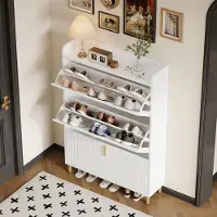 HAUSS SPOLE Schoenenkast - Smal Schoenenrek Met 3 Kanteldeuren En Verstelbare Legplanken - Anti-Kantelbeveiliging - MDF - 80x23x123.5 cm - Wit
