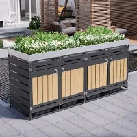 HAUSS SPOLE Afvalcontainer Ombouw – 4 Vakken Met Plantenbak – Zwart IJzer – Afsluitbaar En Geventileerd Voor Tuin