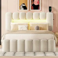 HAUSS SPOLE Gestoffeerd Bed 140x200cm - Met 4 Laden - Met USB en LED-verlichting en Luidsprekers - Voor Slaapkamer en Logeerkamer - Zonder matras - Fluweel - Beige