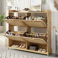 HAUSS SPOLE Schoenenkast - Compacte Schoenenkast Met Rattan Deuren En Metalen Frame - Bovenplank Voor Sleutels En Accessoires - MDF - 108,5x24x100 cm - Houtkleur