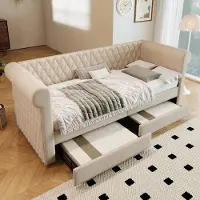HAUSS SPOLE Gestoffeerd bed 90x200 cm – Dagbed met vintage hoofdeinde & 2 lades – Gebogen armleuningen en rugsteun – Linnen – Beige – Zonder matras
