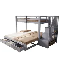 Merax Stapelbed voor Kinderen 90x200 - Uitschuifbed 90x190 tot 180x190 - Bed met Opbergruimte - Trap met Kast - Houten Lattenbodem - Grijs