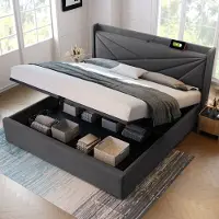 HAUSS SPOLE Tweepersoonsbedden 140x200 cm - Gestoffeerd Bed Met Opbergruimte En USB Oplaadfunctie - Katoen - Grijs