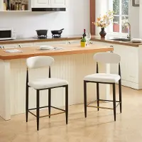 HAUSS SPOLE Barkruk – Franse Landstijl Keukenkruk – Set Van 2 – Ergonomische Gebogen Rugleuning Met Voetsteun – Voor Keukeneiland En Bar – Stof Beige