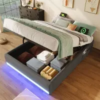 HAUSS SPOLE Gestoffeerd Bed 90x200cm - Zonder Hoofdeinde Hydraulische Opbergruimte En LED - USB & USB-C - Linnen - Grijs - Zonder Matras