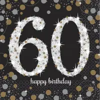 Amscan Servetten 60 jaar - 32x stuks - zwart - 33 x 33 cm - confetti - luxe - verjaardag