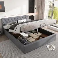 HAUSS SPOLE Gestoffeerd Bed 140x200 cm - Tweepersoonsbed Met Geknoopt Hoofdbord en Hydraulische Opbergruimte - Inclusief Lattenbodem - Fluweel - Grijs
