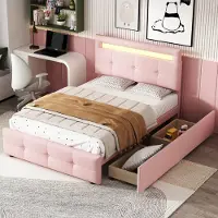 MODFU – Eenpersoonsbed met LED & 2 Laden – 90x200 cm – Verstelbaar Hoofdbord – Klassiek – Gestoffeerd – Roze