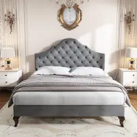 Laura Gestoffeerd Bed 140x200 cm met Bedlade, Verstelbaar Hoofdeinde met Kussen, Fluweel Grijs, Houten Lattenbodem, Modern Tweepersoonsbed met Opbergruimte voor Volwassenen en Jongeren