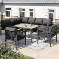 Laura Tuinmeubelset 8 Personen met Hoekbank en Tafel 234x69x86 cm – Outdoor Loungeset van Verzinkt Staal & Handgevlochten Touw met Dikke Kussens – Weerbestendig voor Tuin, Balkon & Terras – Grijs –