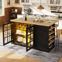 STILVORA Bartafel - Inklapbaar Met Led En Wijnrek - Voor Keuken En Kleine Ruimtes - MDF En Glas - 120x40-70x90 Cm - Zwart