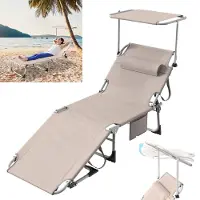 XINZI Zonnebed met zonnedak, ligstoel voor de tuin met hoofdkussen, handgrepen en zijvak, belastbaar tot 100 kg, 194x68 cm, kleur: khaki