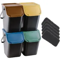Practic - Set van 4 prullenbak 25L - BINI-afvalscheidingsbakken met gekleurde deksels + 5 stuks koolstoffilters