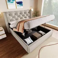 MODFU Bedframe 140x200 cm – Katoen lichtgrijs – Met opbergruimte & gestoffeerd hoofdbord – Retro stijl