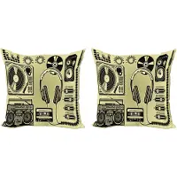 Abakuhaus HipHop decoratieve kussenhoezen (2 stuks), platenspelerkoptelefoon, 50x50 cm, lichtgeel en zwart