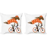 Abakuhaus Decoratieve kussenhoes met paard, set van 2, hipster op een fiets, 50x50 cm, bruin oranje zwart