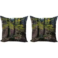 Abakuhaus Decoratieve kussenhoes met bosmotief, 2 stuks, herfstbomen en wildernis, 40x40 cm, groen lichtroze