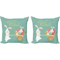 Abakuhaus Decoratieve kussenhoezen voor Pas set van 2, Lachende Konijntjes en Eier 40x40 cm, Amandelgroen