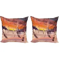 Abakuhaus Decoratieve kussenhoes met bosmotief, 2 stuks, zonsondergang in een berkenbos, 40x40 cm, grijs oranje