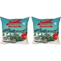 Abakuhaus Kerstkussenhoez set van 2, Sint in de klassieke auto, 40x40 cm, turquoise rood