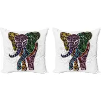 Abakuhaus Decoratieve kussenhoes met olifantenmotief, 2 stuks, bloemen en tribale vorm 40x40 cm, wit, gro paars