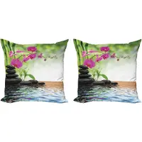 Abakuhaus Spa Decoratieve Kussenhoes, Set van 2, Bamboe Boom Orchideeën Sten 40x40 cm,Grijs Limegroen